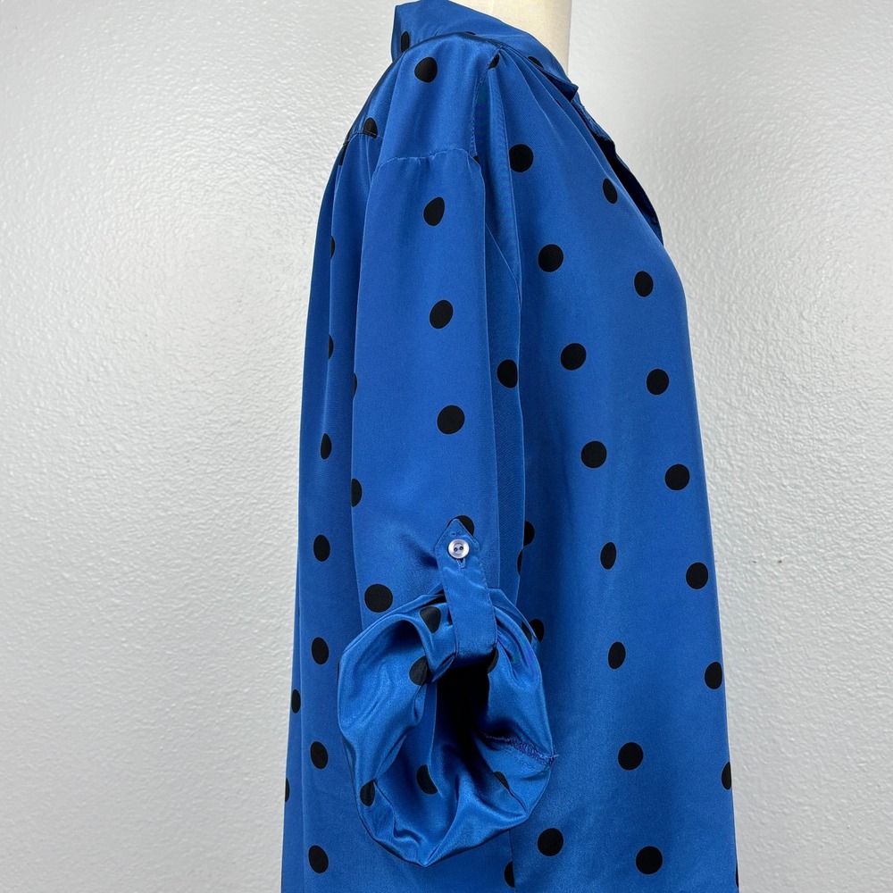 Blue Black Polka Dot Button Front Tunic Blouse Long Sleeve Roll Tab XL - Picture 4 of 12